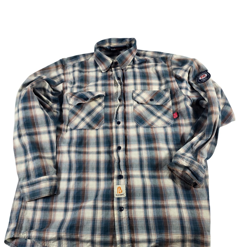 Bocomal Mens FR Flame Resistant Plaid Work Shirt NFPA 2112 CAT 2 Blue Brown L